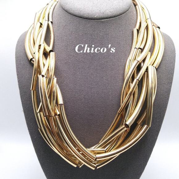 Chico's Gold Tone Metal Tube Multistrand Necklace, 26 Inches - Picture 1 of 9